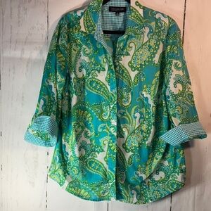 Jones New York 1X Teal/green  paisley Checkered Shirt